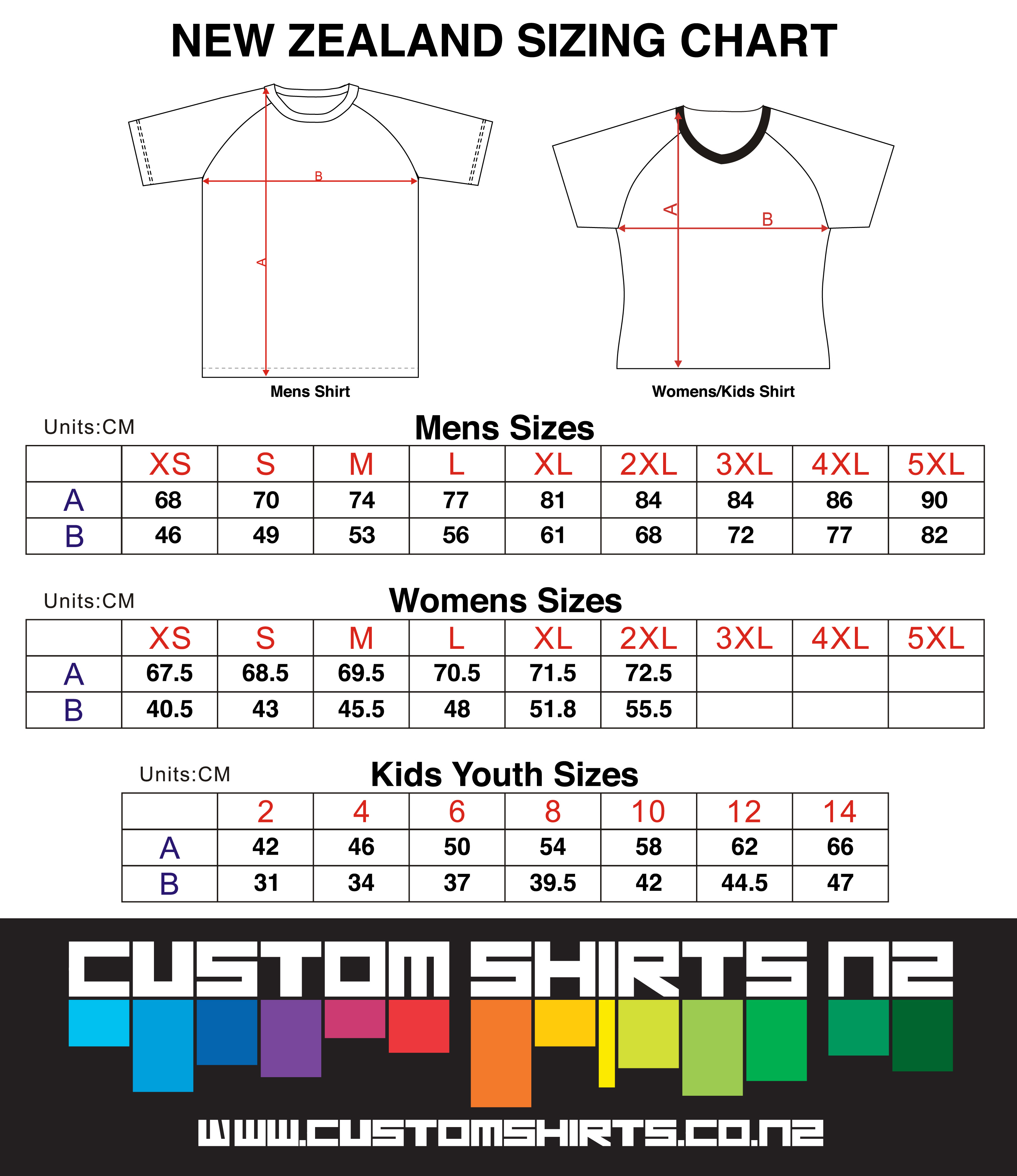 Custom Shirts NZ SIZE CHARTS